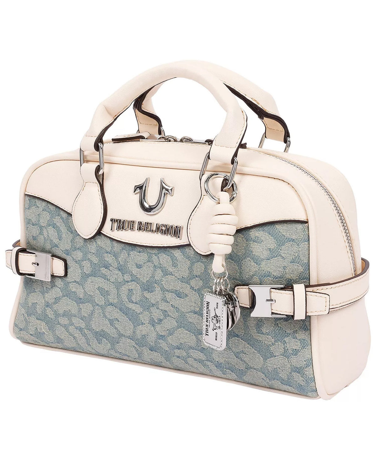 *True Religion Brooks Leopard Denim Satchel, HandBag, Cream/Light Blue