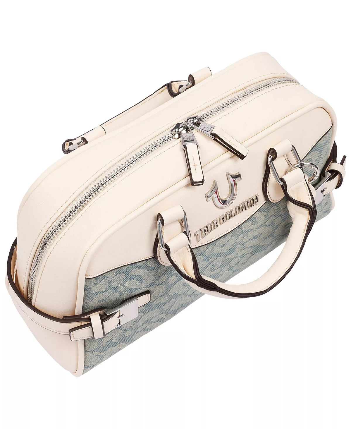 *True Religion Brooks Leopard Denim Satchel, HandBag, Cream/Light Blue