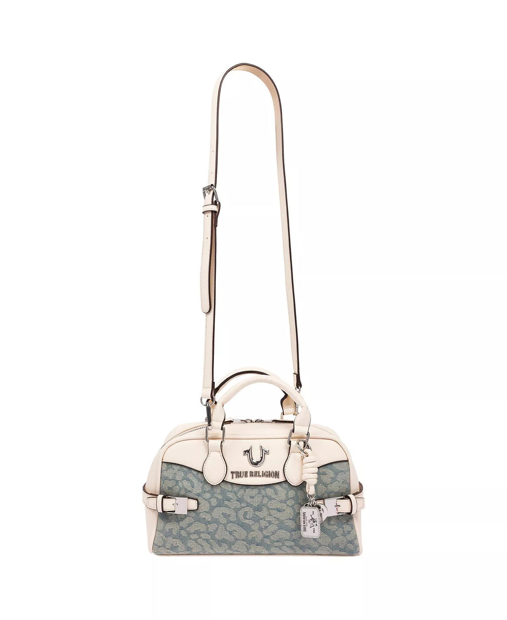 *True Religion Brooks Leopard Denim Satchel, HandBag, Cream/Light Blue