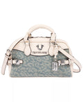 *True Religion Brooks Leopard Denim Satchel, HandBag, Cream/Light Blue