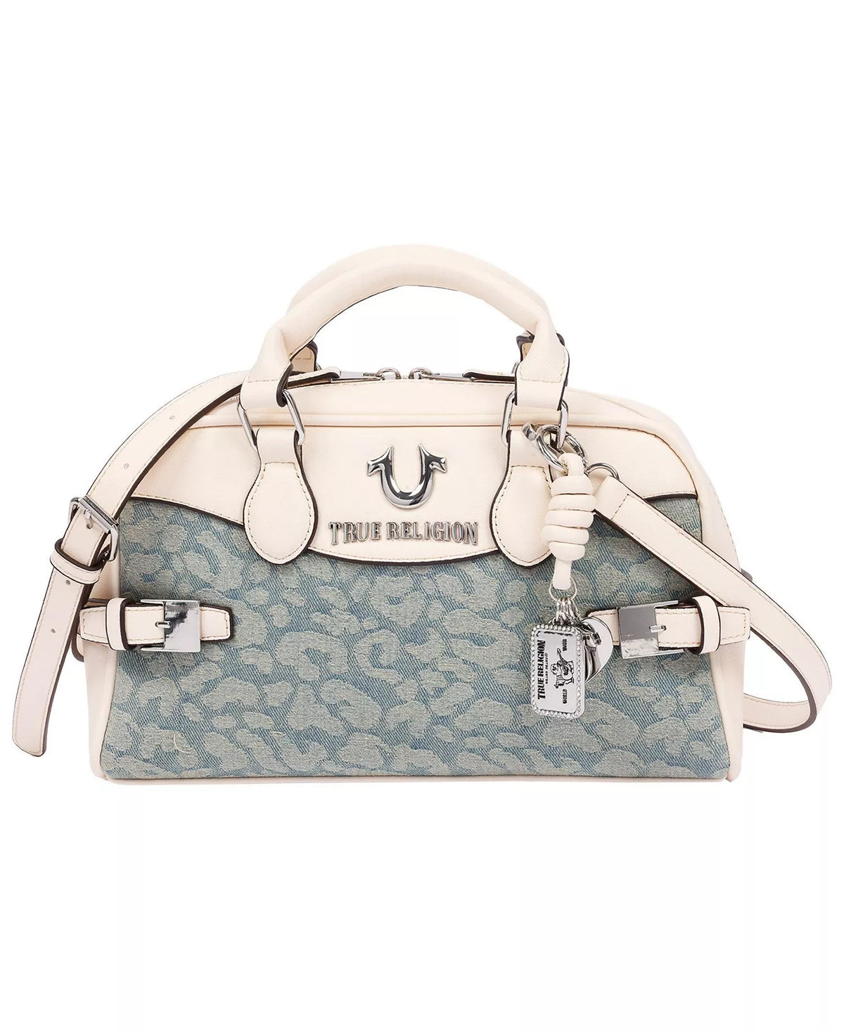 *True Religion Brooks Leopard Denim Satchel, HandBag, Cream/Light Blue