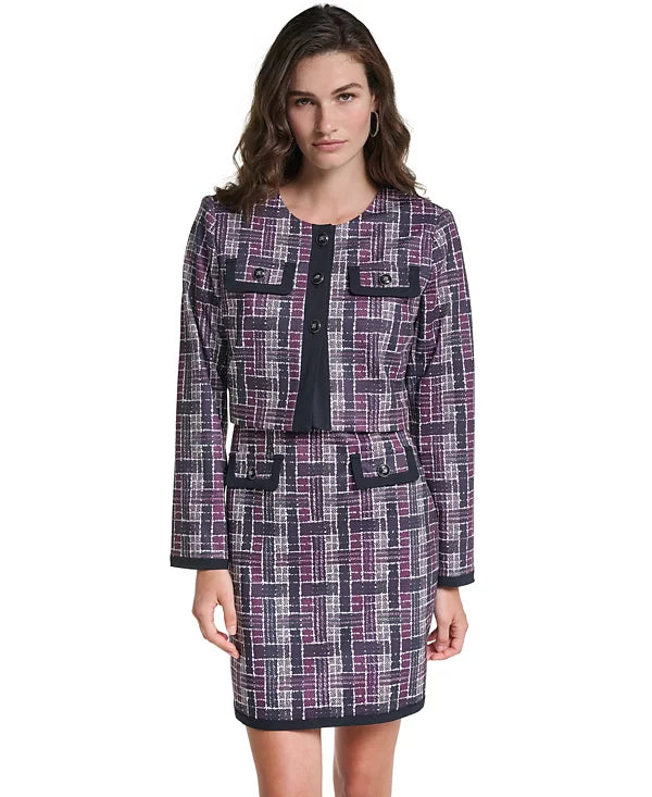 Macy's KARL LAGERFELD PARIS Women's Plaid Cropped Ponte Jacket Size 8