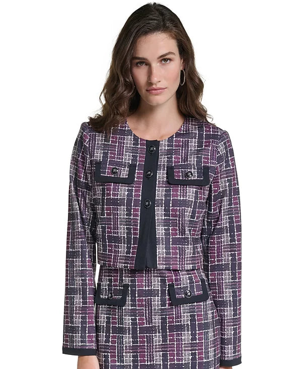 Macy's KARL LAGERFELD PARIS Women's Plaid Cropped Ponte Jacket Size 8