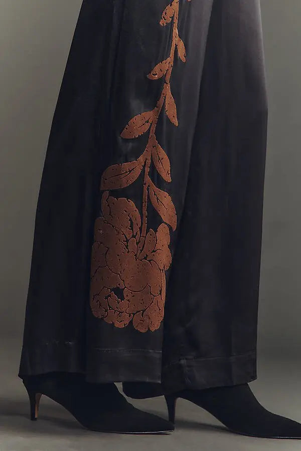 Floral Flocked Wide-Leg Pants by Anthropologie - Black - Size 8