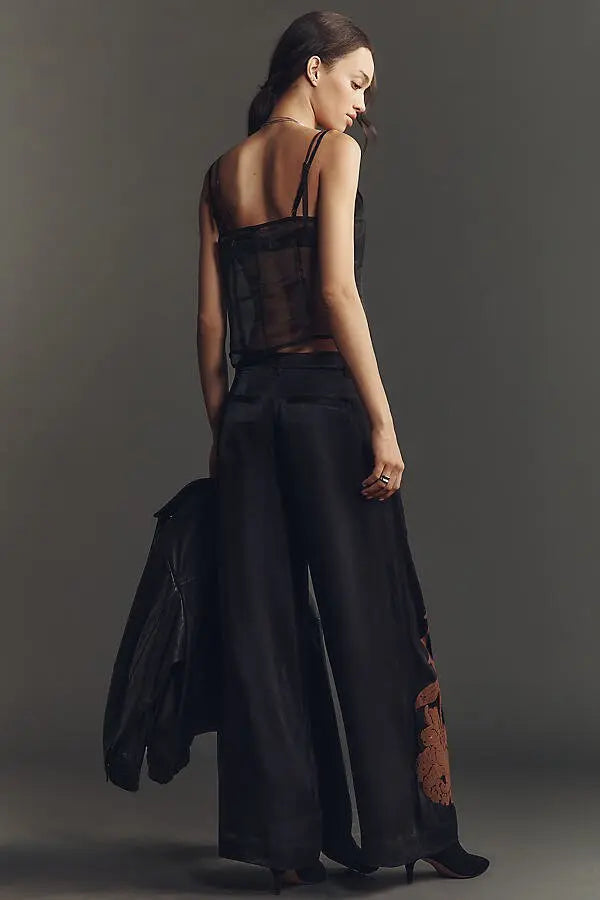 Floral Flocked Wide-Leg Pants by Anthropologie - Black - Size 8