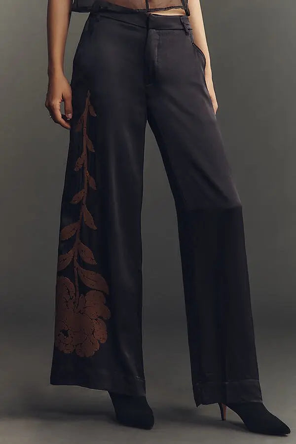 Floral Flocked Wide-Leg Pants by Anthropologie - Black - Size 8