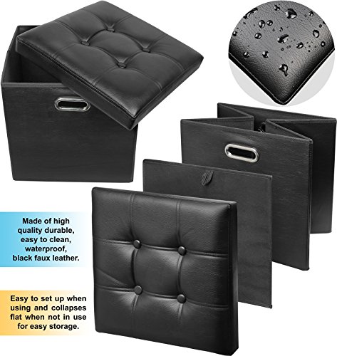 Greenco Faux Leather Tufted Ottoman Stool, Square Ottoman Storage Cube, Seat and Foot Rest, Collapsible and Versatile Black Storage Box