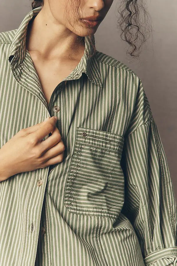 Pilcro Long-Sleeve Reworked Buttondown Top - Olive - Size Large
