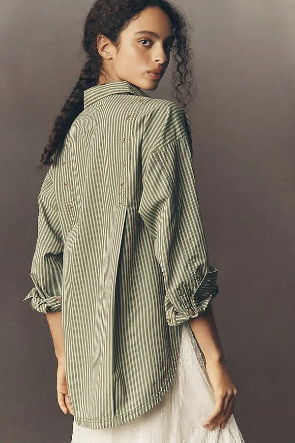 Pilcro Long-Sleeve Reworked Buttondown Top - Olive - Size Large