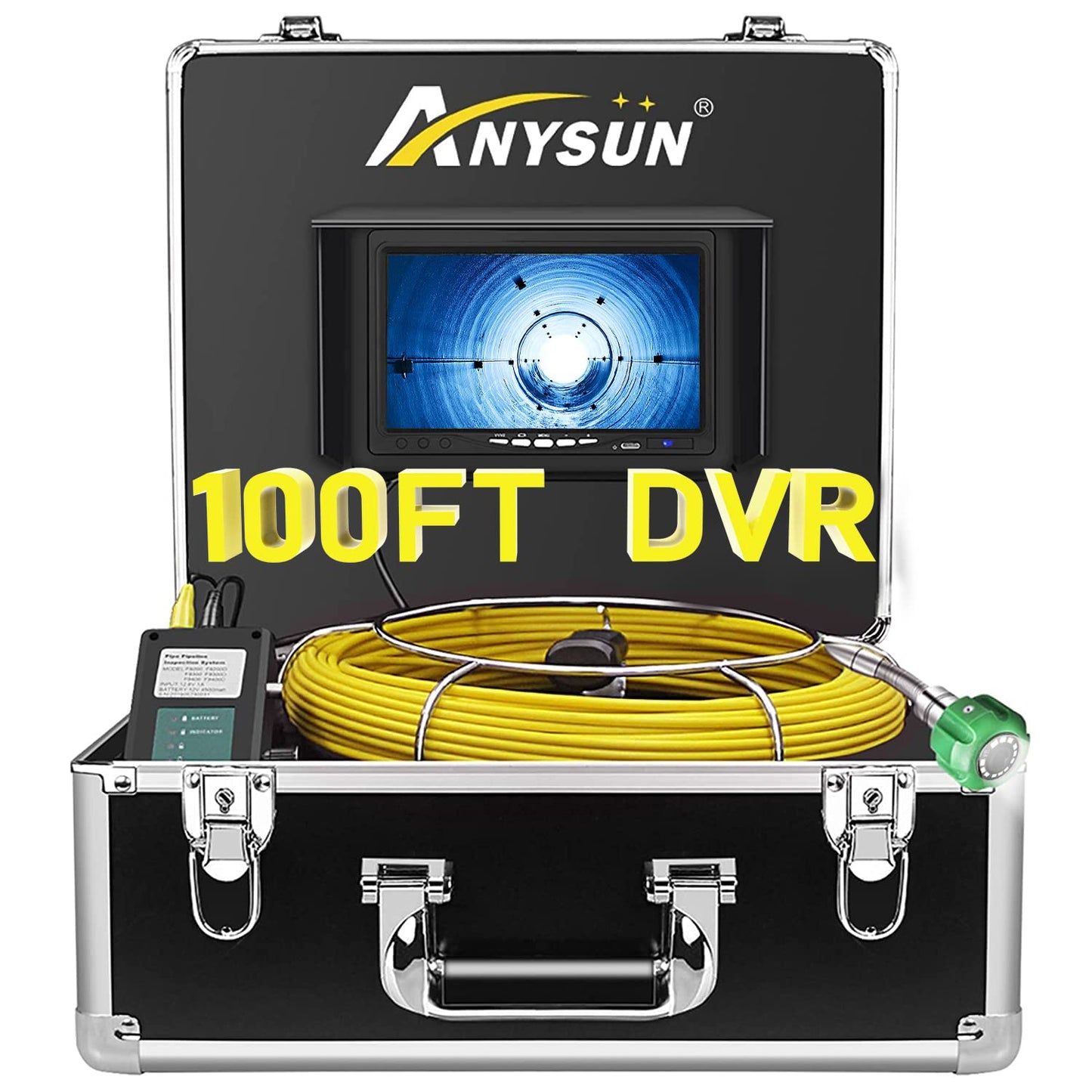 Sewer Camera 100FT, Anysun Drain Sewer Industrial Endoscope Video Plumbing System with 7 Inch LCD Monitor 1000TVL DVR Recorder Snake Cam with 12pcs Adjustable Light (Include 8GB SD Card)