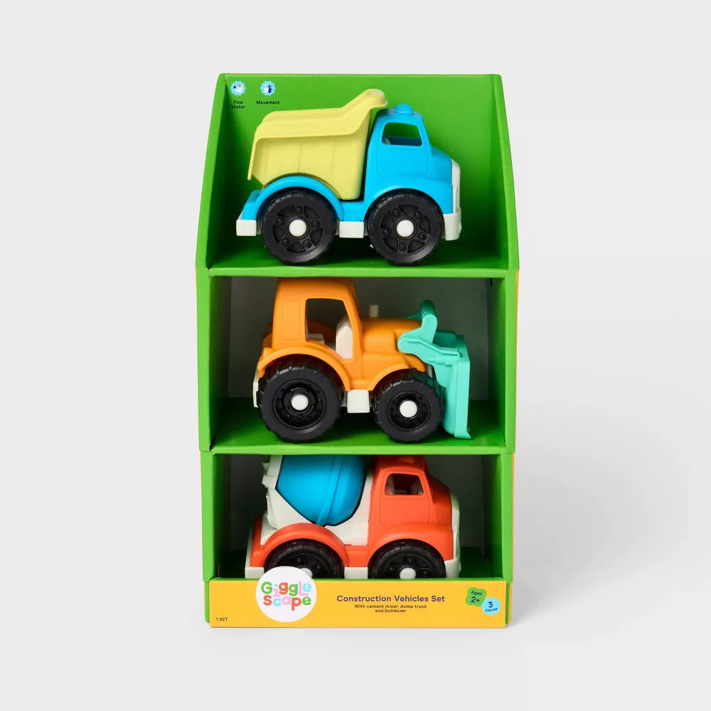 Construction Vehicles Set - 3pk - Gigglescape™: Plastic Toy Vehicle Playsets, Truck, Ages 2+