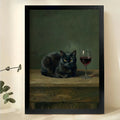 Vintage Style Black Cat with Wine Glass – Classic Oil Painting Wall Art on Natural Wood Canvas 19x30 in