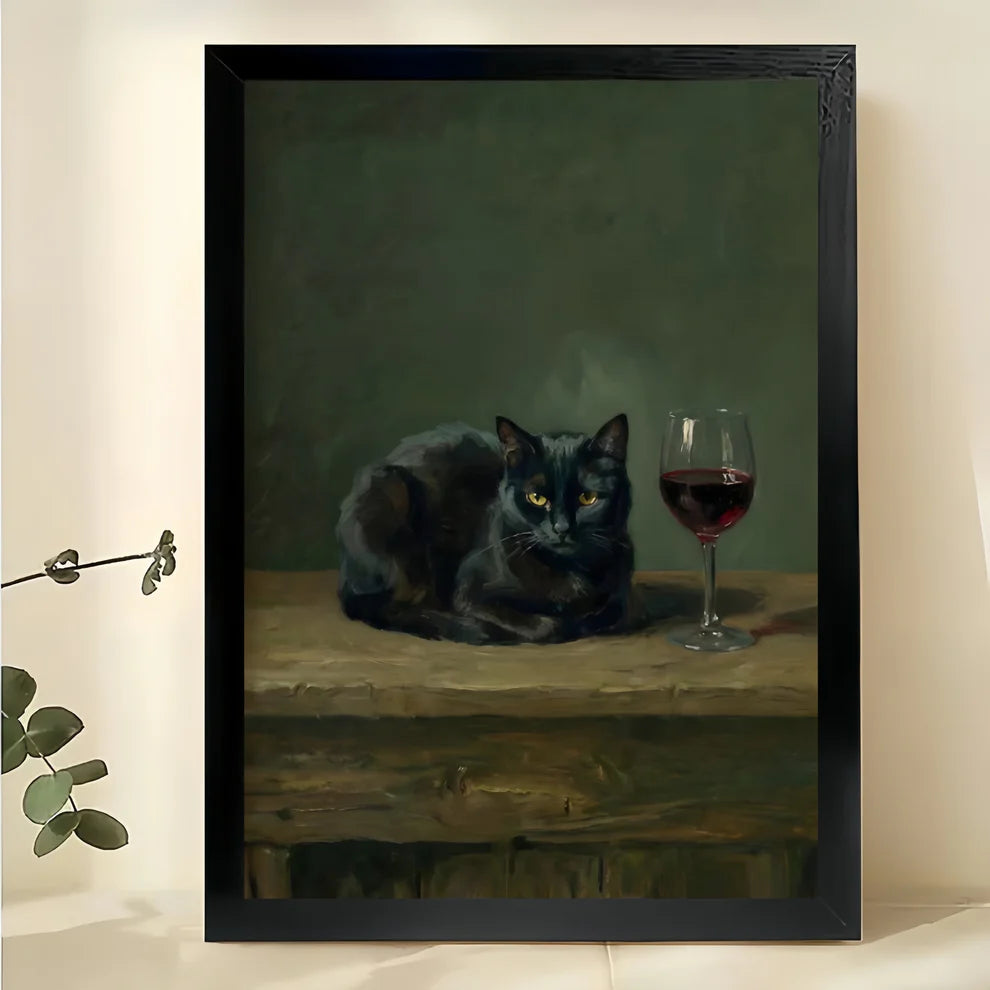 Vintage Style Black Cat with Wine Glass – Classic Oil Painting Wall Art on Natural Wood Canvas 19x30 in
