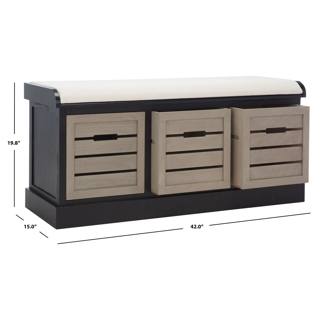 SAFAVIEH Briar 3 Drawer Cushion Bench, Black Frame/Greige Drawers