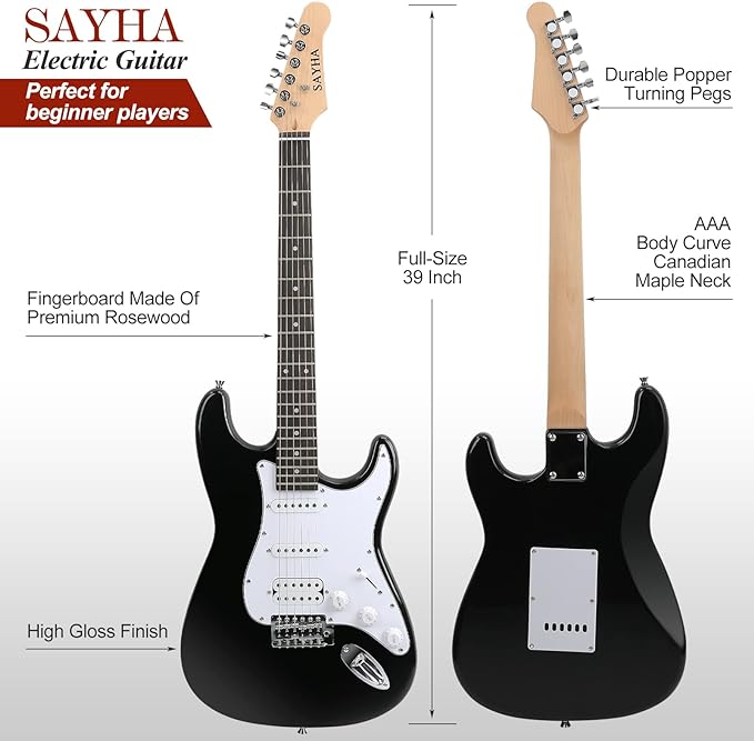 SAYHA Electric Guitar, 39 Inch Solid Full-size Electric Guitar HSS Pickups Starter Kit Includes Amplifier, Bag, Digital Tuner, Strap, String, Cable, Picks（Black) (NEW)