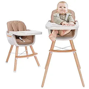 3-in-1 Convertible Wooden High Chair,Baby High Chair with Adjustable Legs & Dishwasher Safe Tray, Made of Sleek Hardwood & Premium Leatherette, Beige Color (NEW, OPEN BOX)