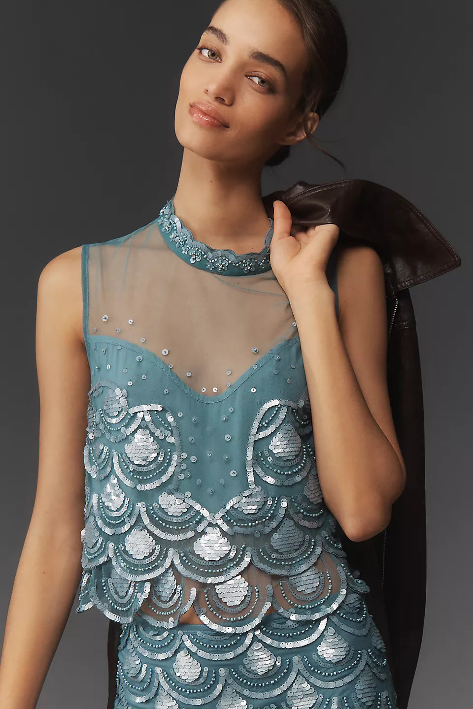 Maeve Beaded Scallop Sequin Crop Tank Top - Sea Sky Blue - Medium