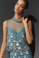 Maeve Beaded Scallop Sequin Crop Tank Top - Sea Sky Blue - Medium