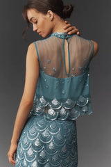 Maeve Beaded Scallop Sequin Crop Tank Top - Sea Sky Blue - Medium