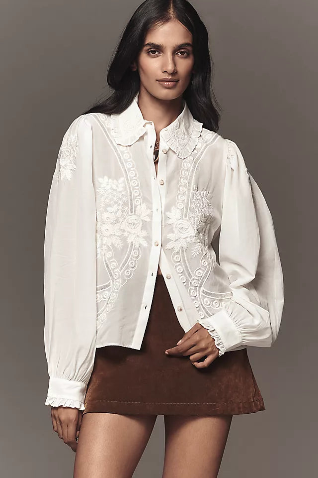 Pilcro Long-Sleeve Embroidered Blouse - Ivory - Size Medium