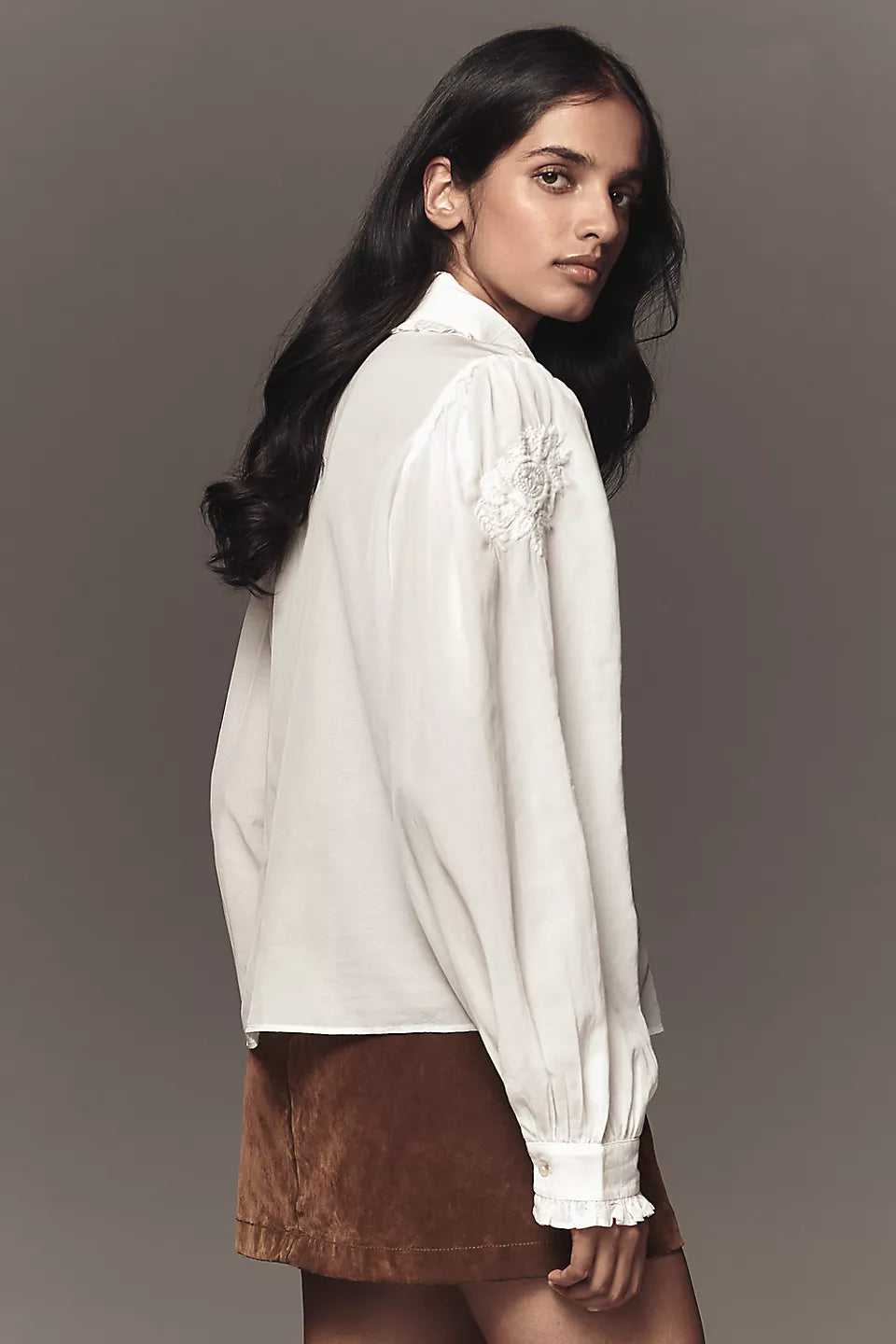 Pilcro Long-Sleeve Embroidered Blouse - Ivory - Size Medium