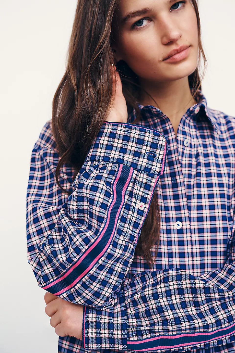 Maeve Cropped Buttondown Shirt for Women - Pink Plaid - Size Medium
