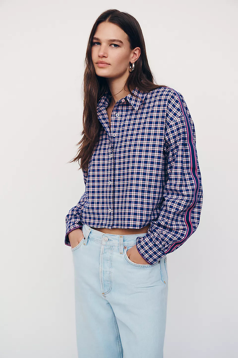 Maeve Cropped Buttondown Shirt for Women - Pink Plaid - Size Medium