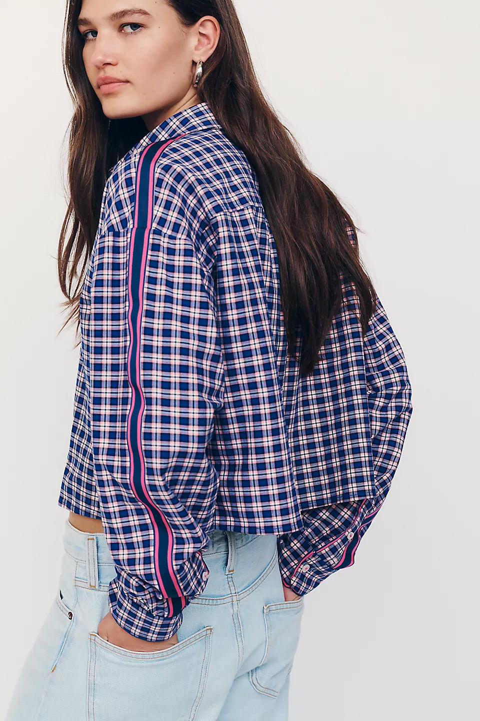 Maeve Cropped Buttondown Shirt for Women - Pink Plaid - Size Medium