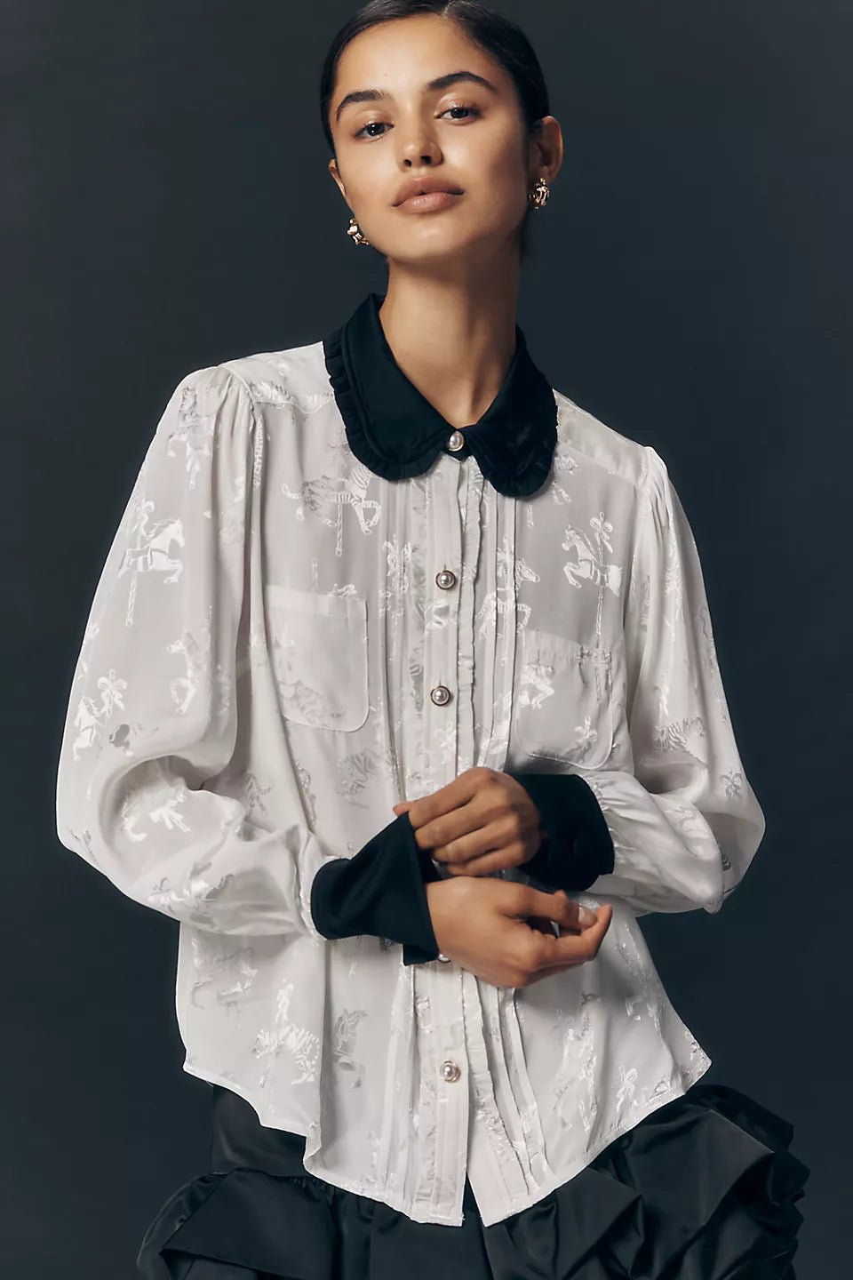 Maeve Long-Sleeve Printed Silky Button-down Blouse - Latte Foam - Size Large