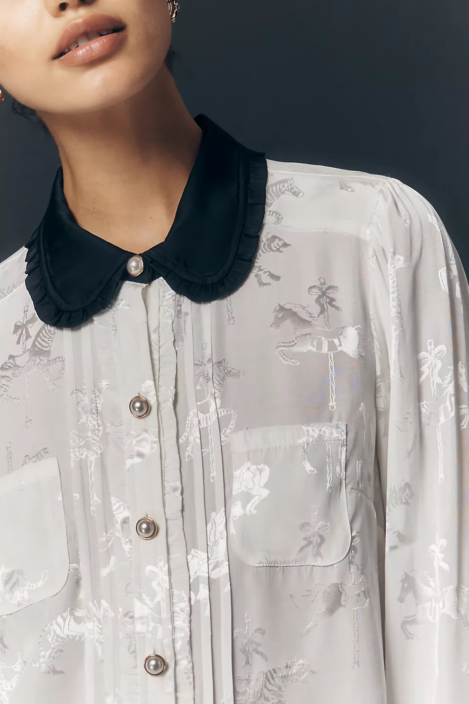 Maeve Long-Sleeve Printed Silky Button-down Blouse - Latte Foam - Size Large