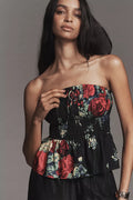 Somerset Strapless Silken Blouse by Anthropologie - Black Floral Print - Size Small