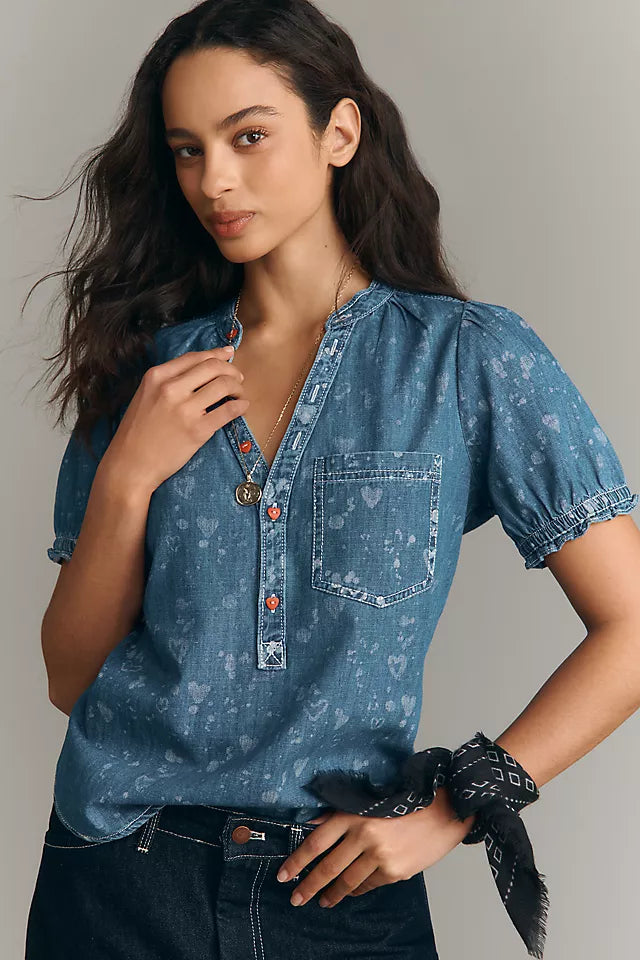 The Aly Denim Puff-Sleeve Heart Blouse by Pilcro Size S