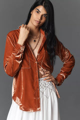Anthropologie The Hadley Velvet Relaxed Buttondown Shirt by Pilcro Orange Size: M