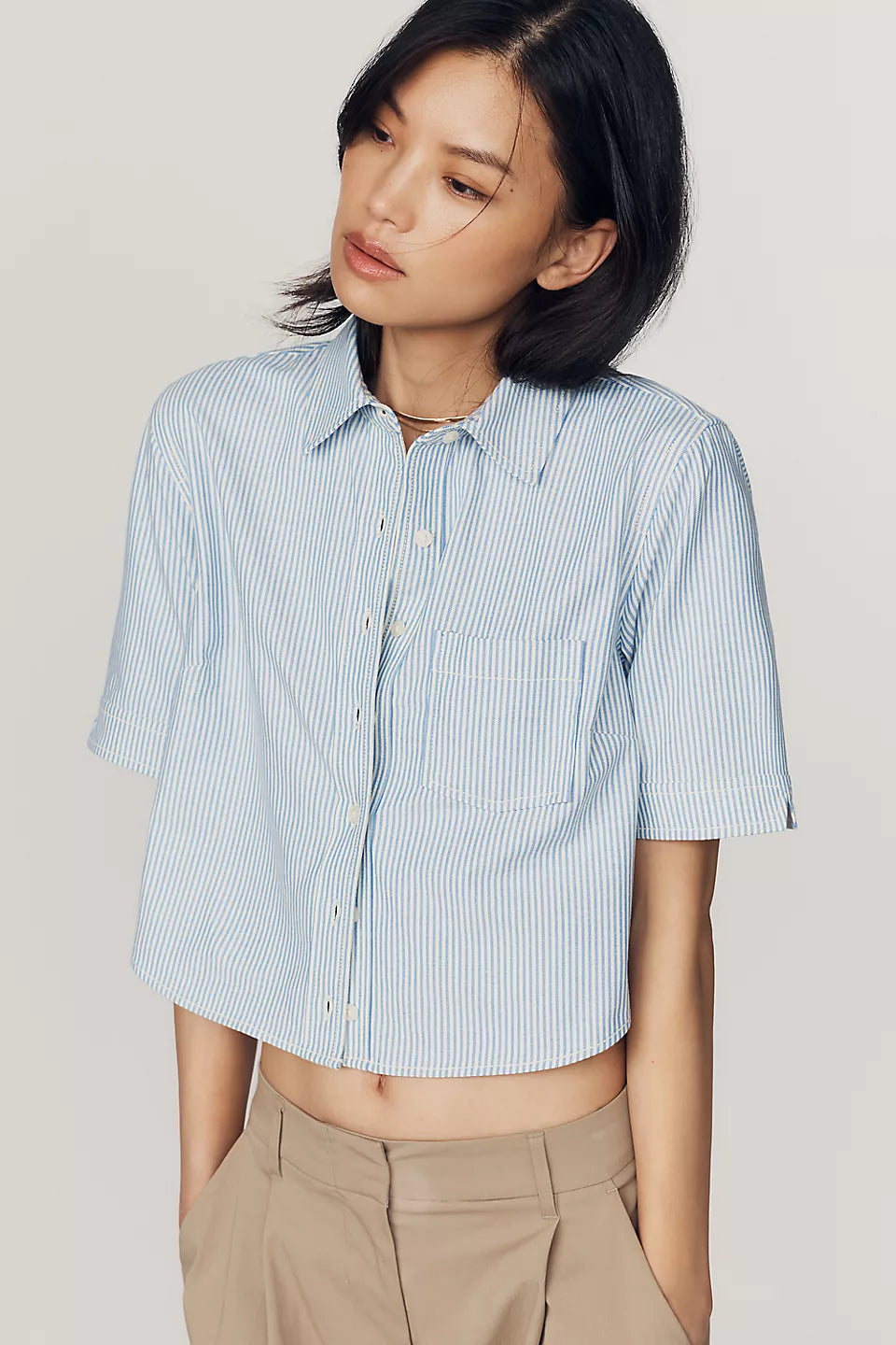 Maeve Merritt Short-Sleeve Cropped Buttondown Shirt - Blue Yellow Stripe - Size Medium