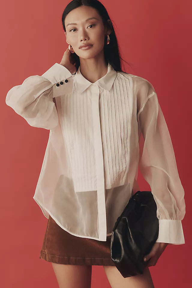 By Anthropologie Sheer Cuffed Organza Button-down Top - White