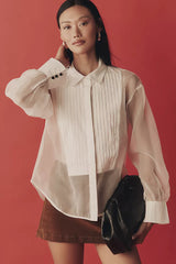 By Anthropologie Sheer Cuffed Organza Button-down Top - White