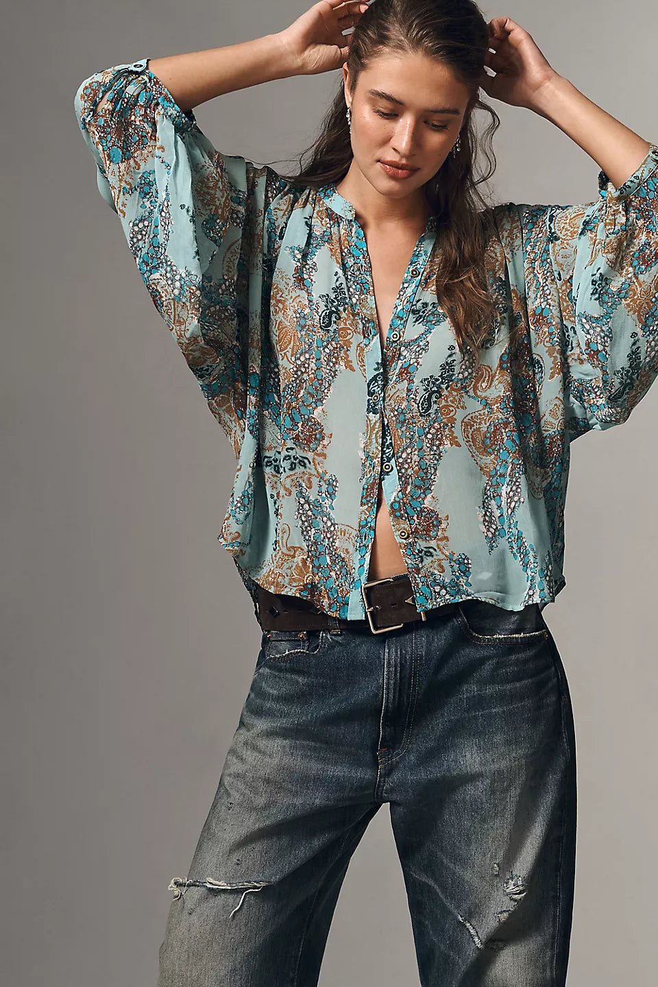 The Sidney Batwing Blouse by Pilcro - Blue Pattern - Medium