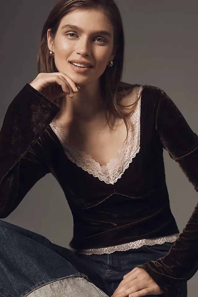 Anthropologie Velvet Lace V-Neck Top Size M