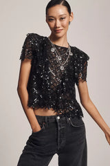 By Anthropologie Semi-Sheer Sequin Top Black Size: M