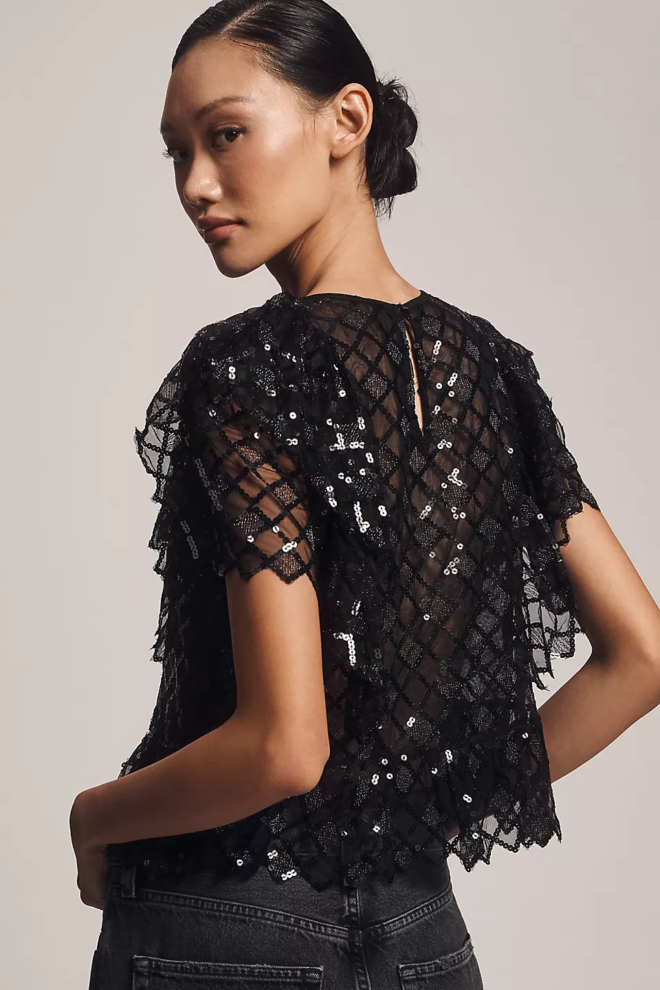 By Anthropologie Semi-Sheer Sequin Top Black Size: M