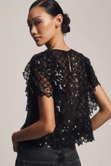 By Anthropologie Semi-Sheer Sequin Top Black Size: M