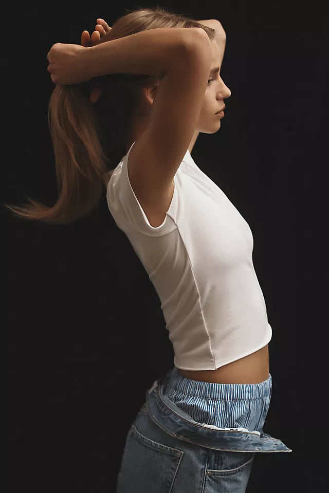 The Evan Short-Sleeve Raw-Edge Baby Tee by Anthropologie - Bright White - XL