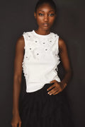 By Anthropologie Sleeveless 3D Floral Appliqué Top - Ivory - Small