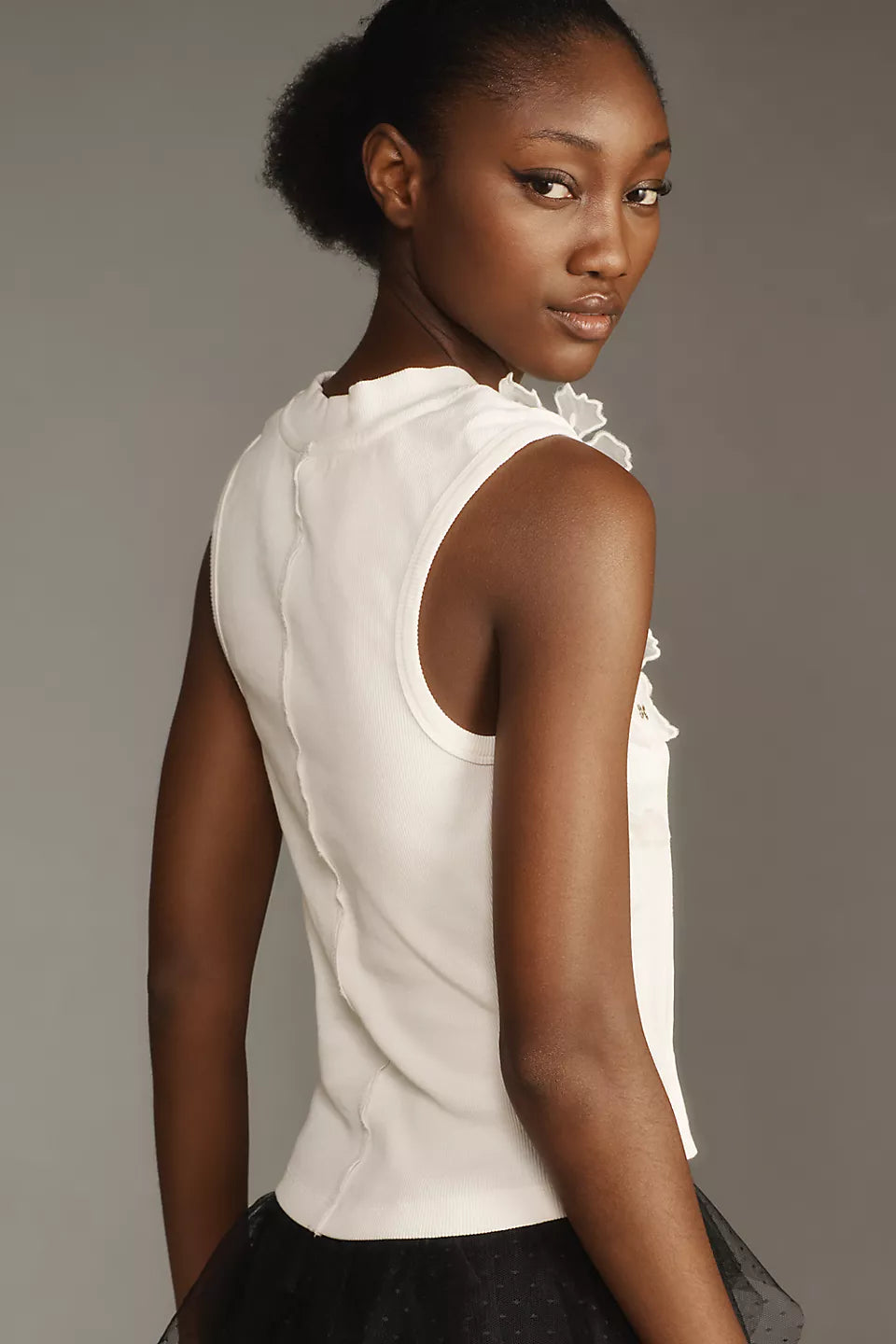 By Anthropologie Sleeveless 3D Floral Appliqué Top - Ivory - Small