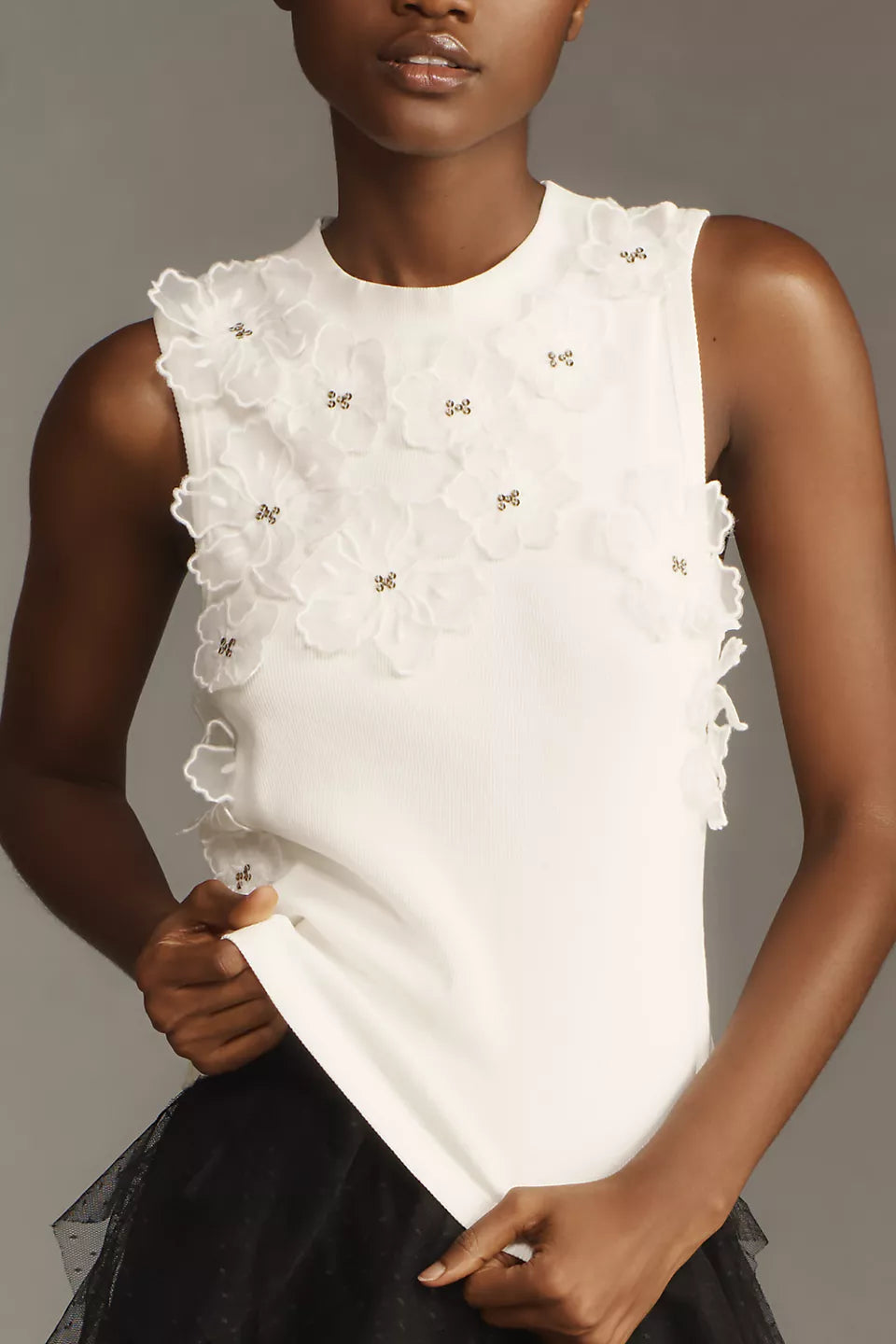 By Anthropologie Sleeveless 3D Floral Appliqué Top - Ivory - Small