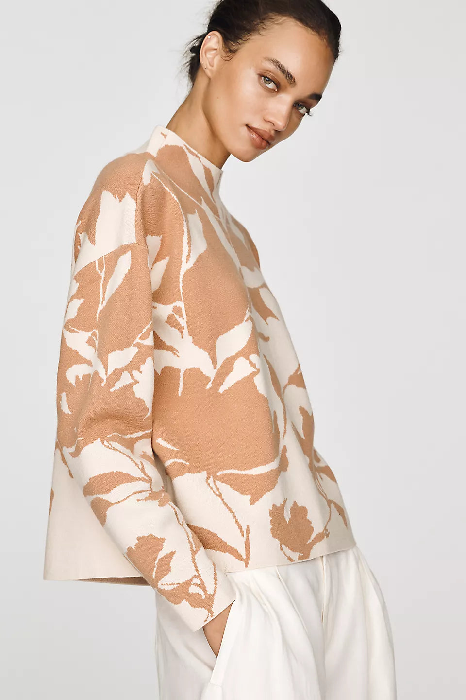 Carys Mock-Neck Sweater by Maeve - Ivory Floral - Size XS