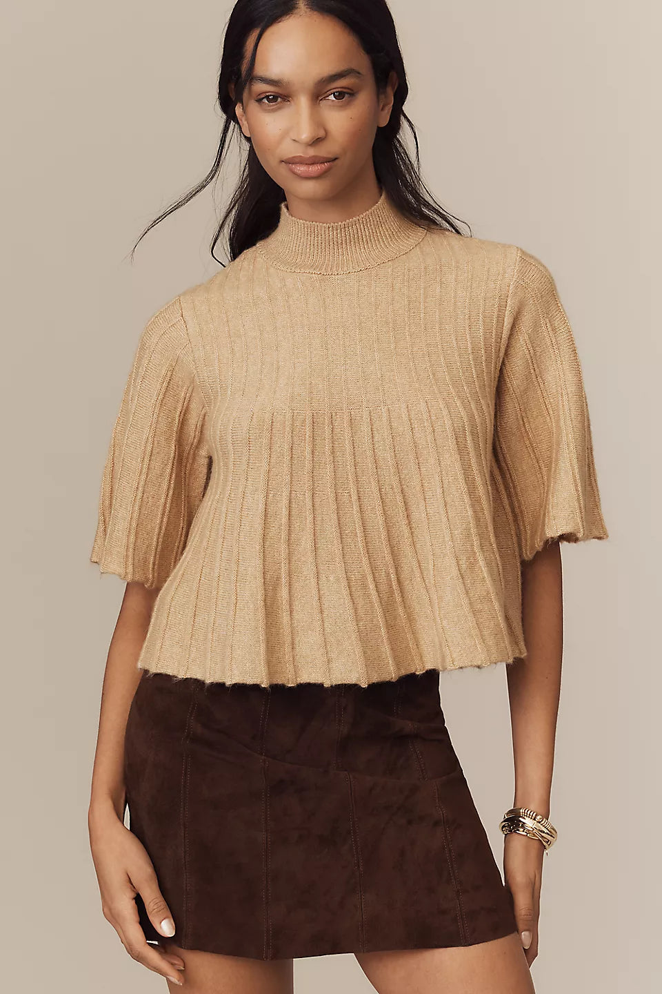 Maeve Short-Sleeve Mock-Neck Swing Sweater Size: S