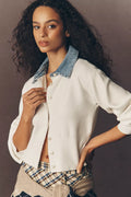 Pilcro Denim Collar Cardigan Sweater Ivory Size: M