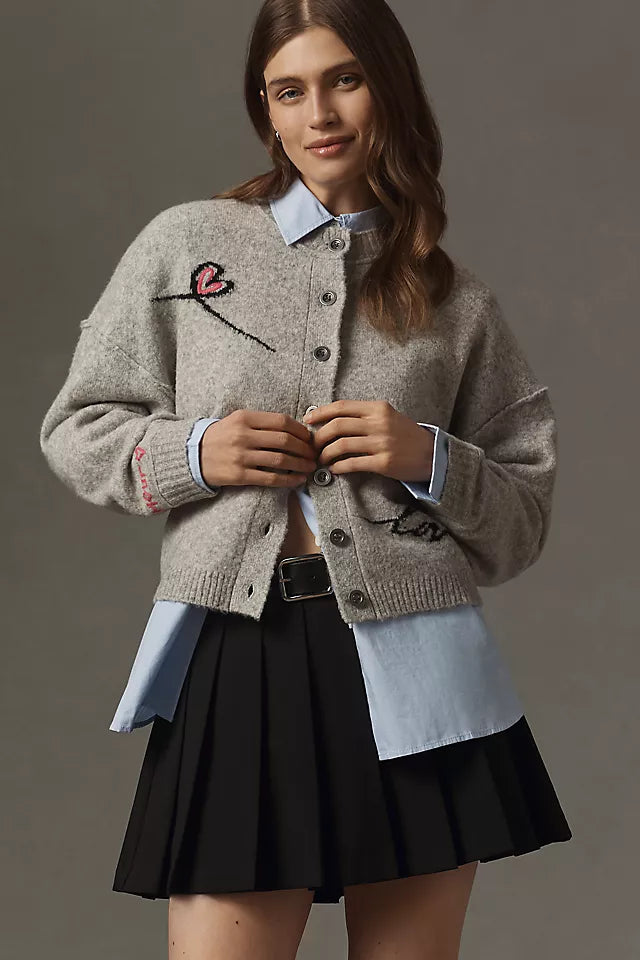 Embroidered Heart Crew-Neck Cardigan Sweater Size S