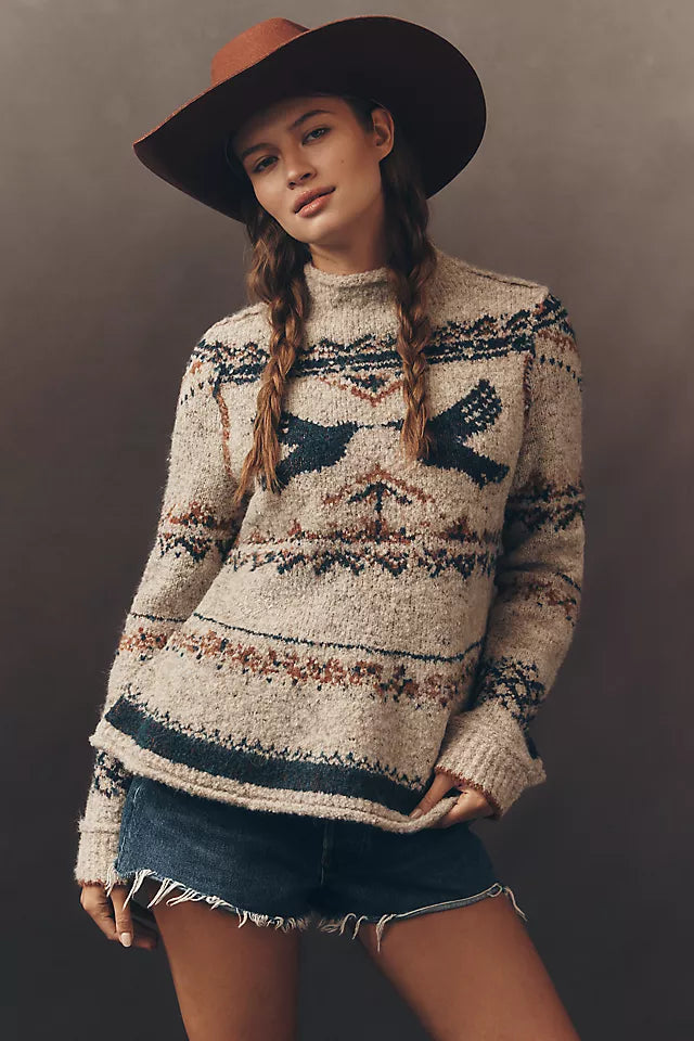 Pilcro Long-Sleeve Mock-Neck Bird Sweater Size M